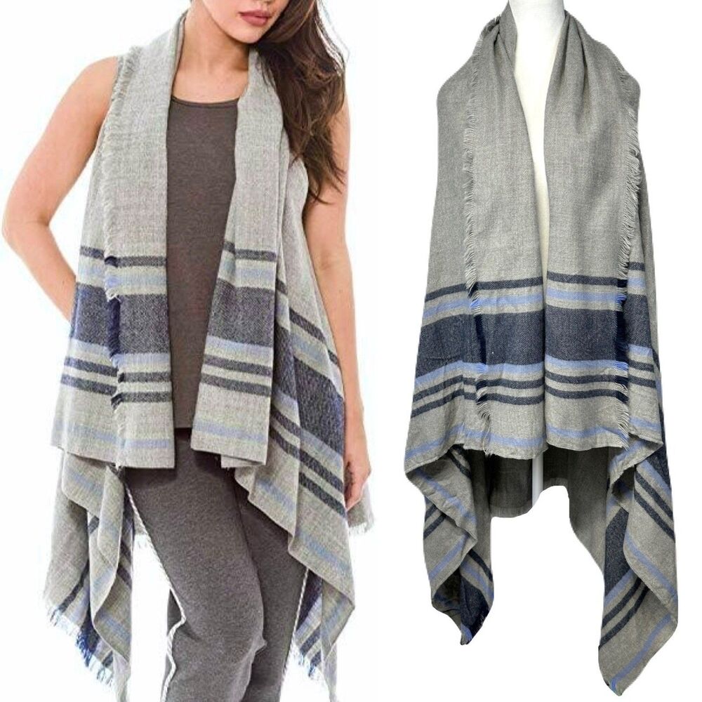 Aerie Gray Shawl Vest Cape Blue Stripe Fringe Longline Poncho One Size Boho Fall